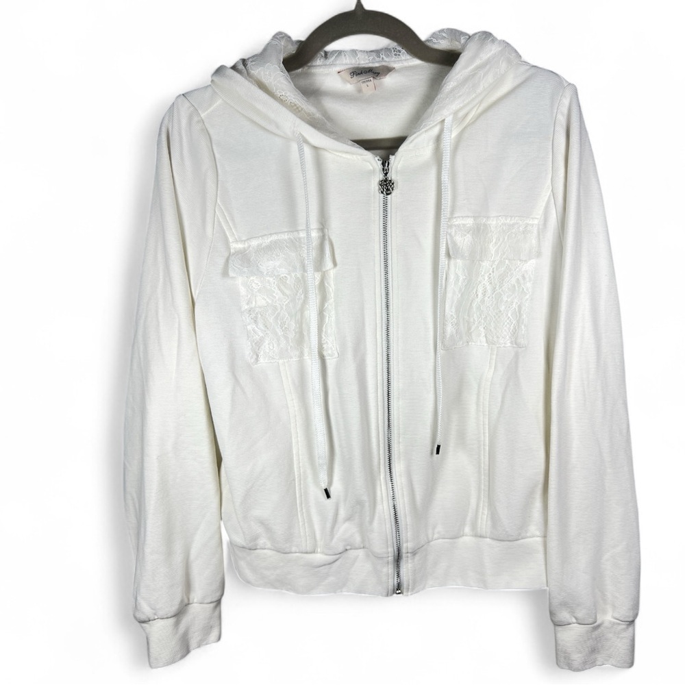 Like New White Pink Mary Ribbed Lace Hooded Zip Up Side Pockets Size Large